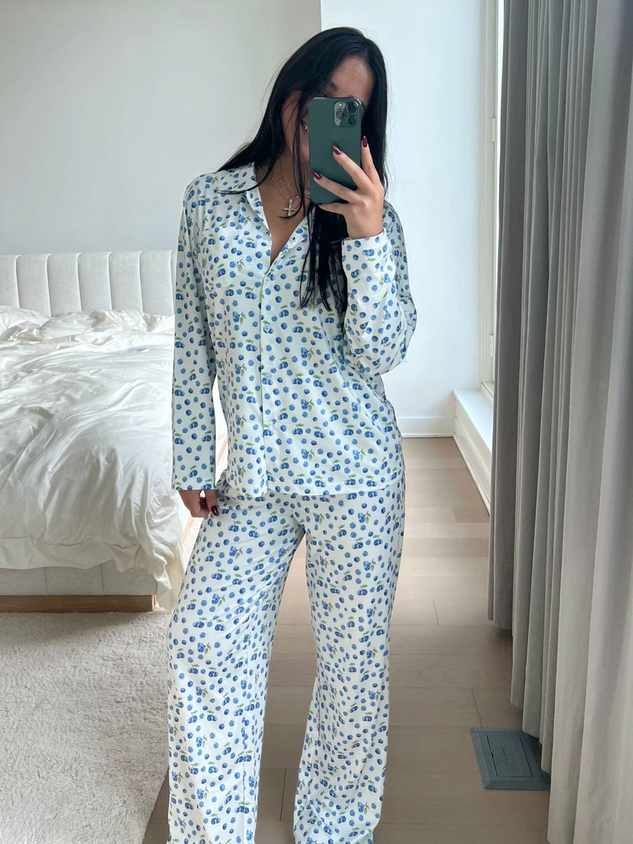 Lairauiy Women\'s Y2K 2Pcs Heart/Floral Print Pajamas Set Long Sleeve Lapel Button Up Shirt Tops+Sleepwear Pants Pjs Loungewear