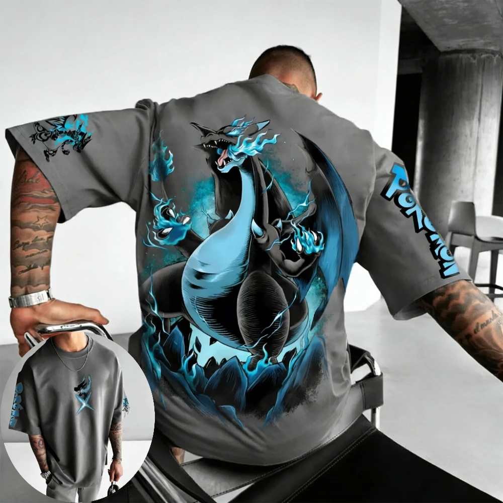 Camiseta Pokémon masculina e feminina Mega Charizard X Anime Tee, verão, casual, moderna, manga curta, roupas para pais e filhos