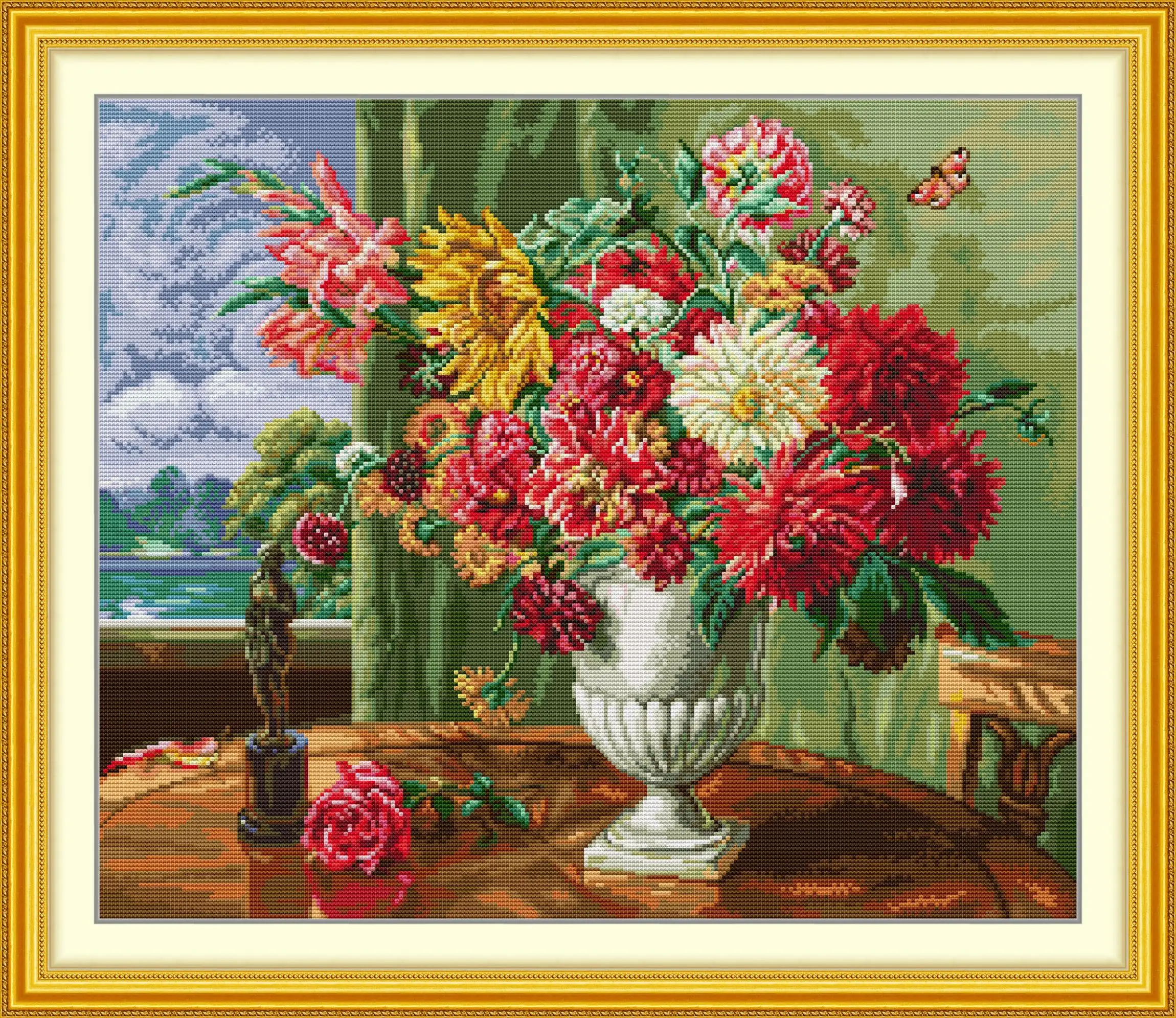

Maydear Full Cross Stitch Kit,11CT/14CT/16CT/9CT Aida Fabric,Embroidery Set-Oil Painting Flowers in Front of Window