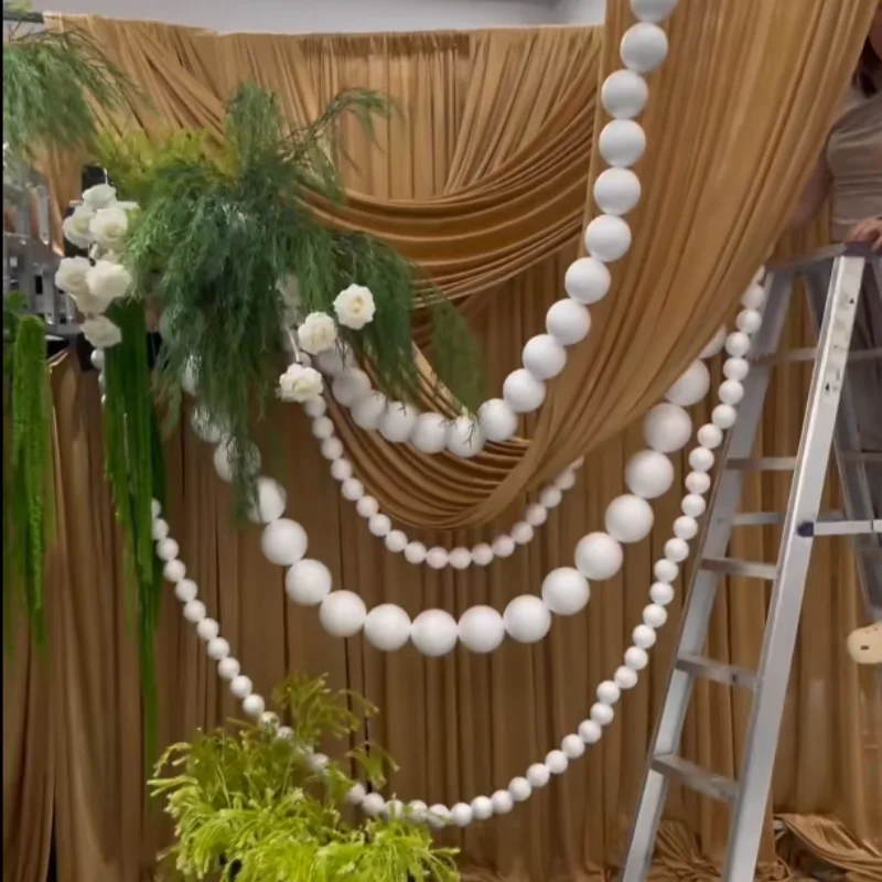 White Round Ball Foam String Beads Chain Wedding Stage DIY Props Backdrops Wall Hanging Curtain Display Window Event Decoration