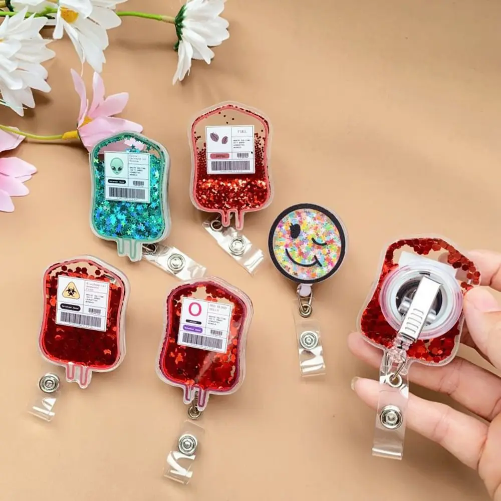 Retractable Nursing ID Badge Holder Blood Bag Shaker ID Badge Reels Glitter with Clip for Nurses Doctor Assistant Medical Staff