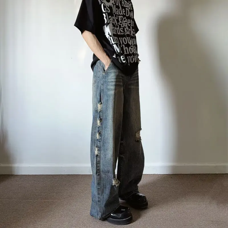 

High Street Vibe Style Ripped Jeans Men's New Style No Brand Fashion Fashion Japanese Series Man Clothes Japanese 2000s Y2k Top