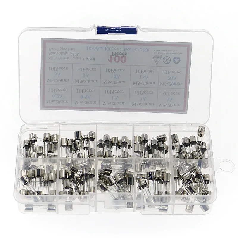 100Pcs 5x20mm Fast-blow Glass Fuse Assorted Kit 0.2A 0.5A 1A 2A 3A 5A 8A 10A 15A 20A Amp Electrical Fuse Tube Mix Set