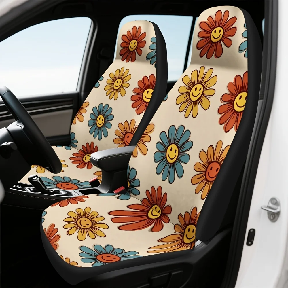 2pcs, Vintage Floral And Rainbow Art Print Car Seat Covers, Durable And Washable, Fit For Front Seats Of Cars, SUVs, And Trucks