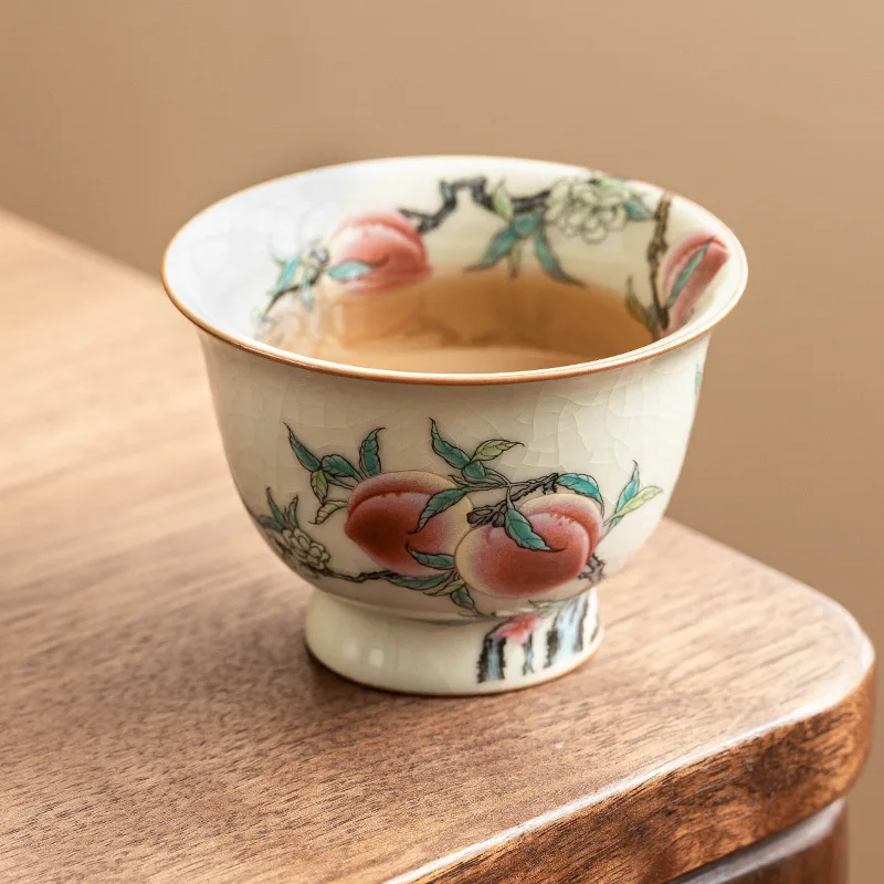 

Ru Kiln Pastel Master Cup Hand-painted Peach High Foot Cups Household Ceramic Teacups Tea Ceremony Chinese Kung Fu Teaware Sets