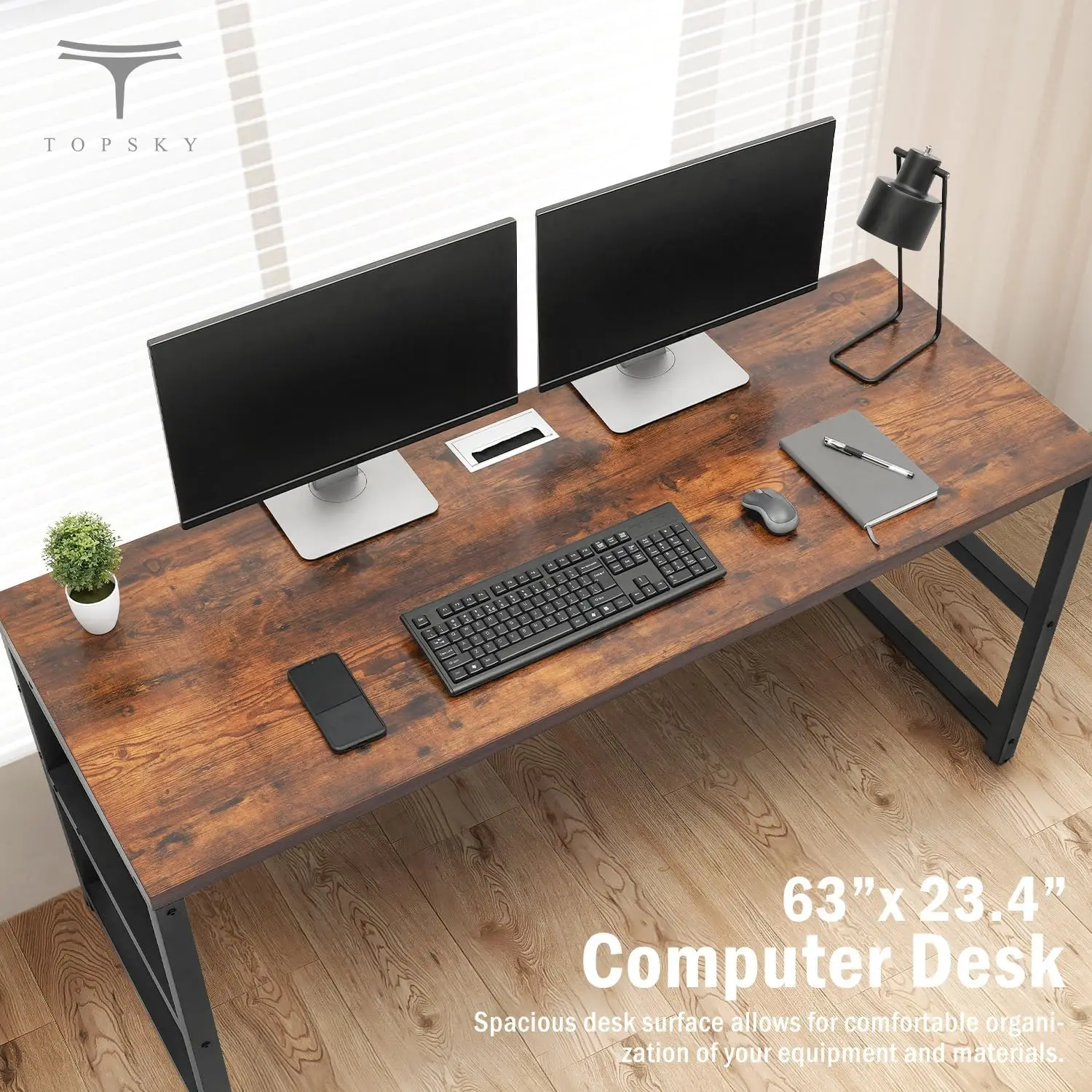 TOPSKY Computer Desk with Bookshelf/Metal Hole Cable Cover 1.18" Thick Desk (Rustic Brown, 63")