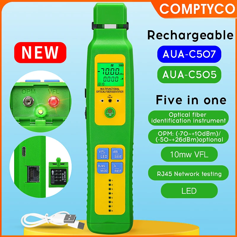 

COMPTYCO AUA-C507/C505 Перезаряжаемый идентификатор оптического волокна 5-в-1 + 10 МВт VFL + измеритель оптической мощности + светодиод + тестирование сети RJ45