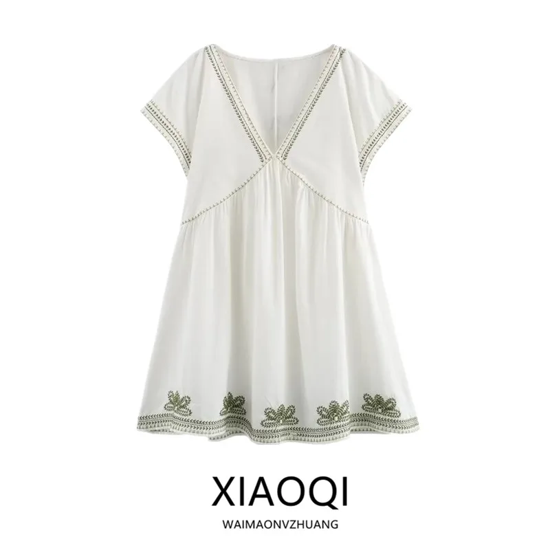 Slimming Contrast Color Embroidery V-ne ort Dr New Summer 2024 Women's Faion Commute Sle Single Piece Dr