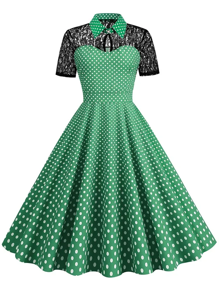 Polka Dot Lace Vintage Women Summer Dress Turn-Down Collar Short Sleeve Elegant Party Dresses