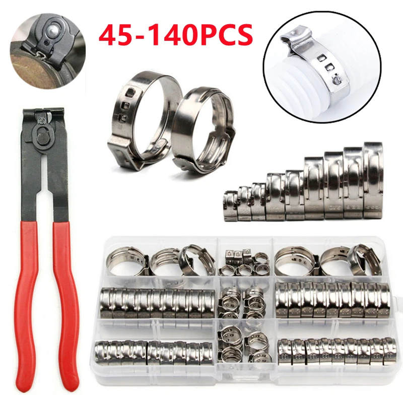 45/80/100/140pcs Single Ear Hose Clamps Hose Clip Clamp Pliers Tool Kit 304 Stainless Steel Hose Clamps Clips