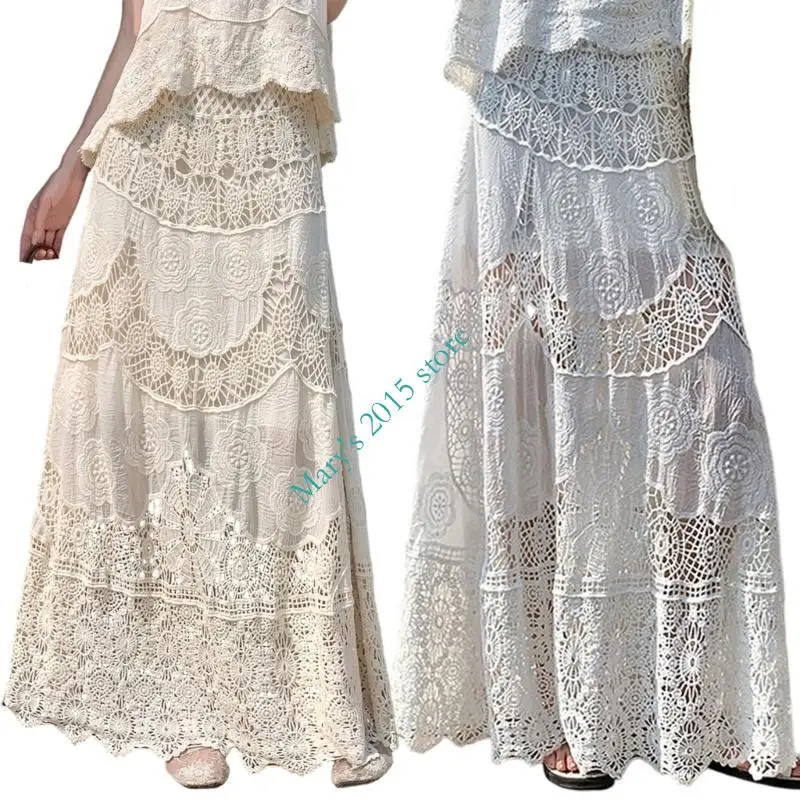Women Bohemian Lace Crochet Knit Maxi Skirt Hollow Out High Elastic Waist Summer Vacation Beach Long Skirts
