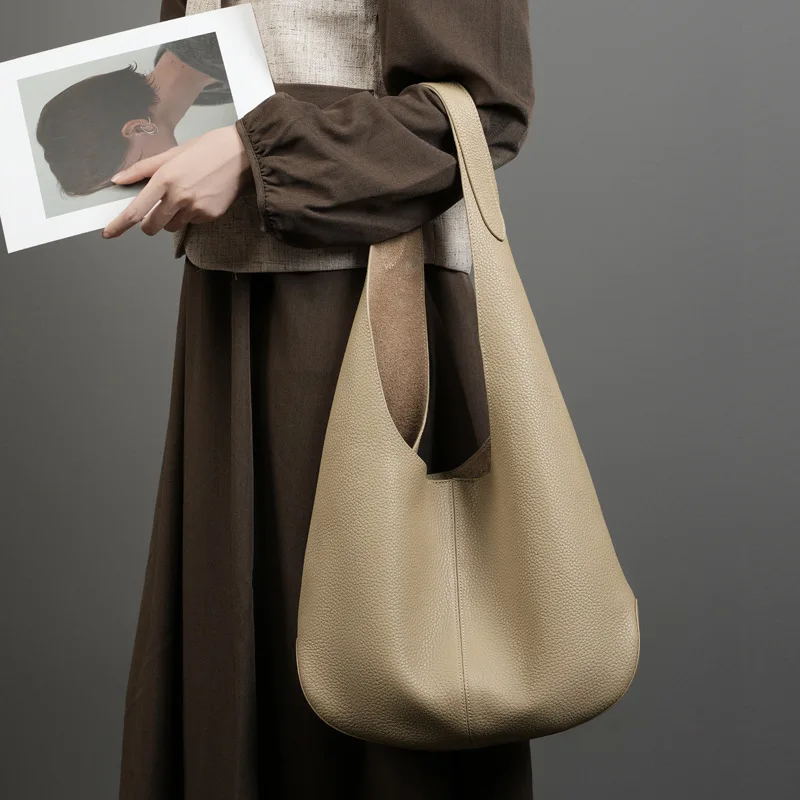 

Korean Style Genuine Grade Leather Bucket Tote Bag Large Capacity Top Grain Cowhide Shoulder Bag Luxury Designer Bags for Women