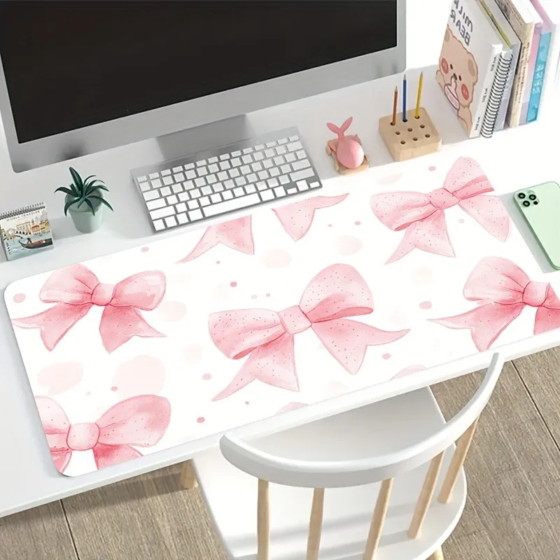 

Multi-Size Large Gaming Desk Mat - Pink Bow & Heart Cutouts, Perfect PC Accessory - Non-Slip Rubber, Stitched Edges for Gaming