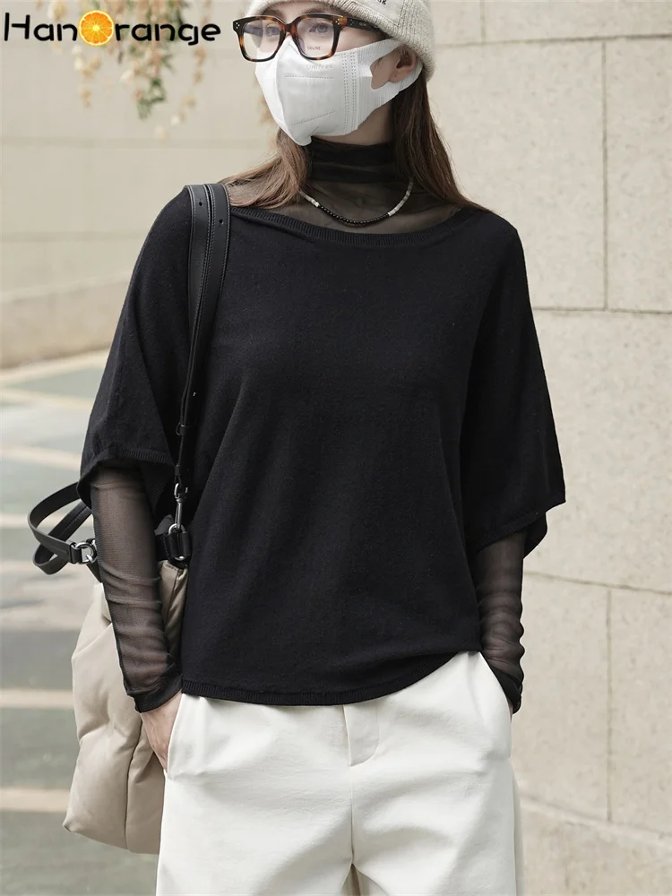 

HanOrange 2025, осенний художественный сетчатый вязаный свитер с короткими рукавами, женский вязаный топ с круглым вырезом, черный/темный кофейный/средний серый