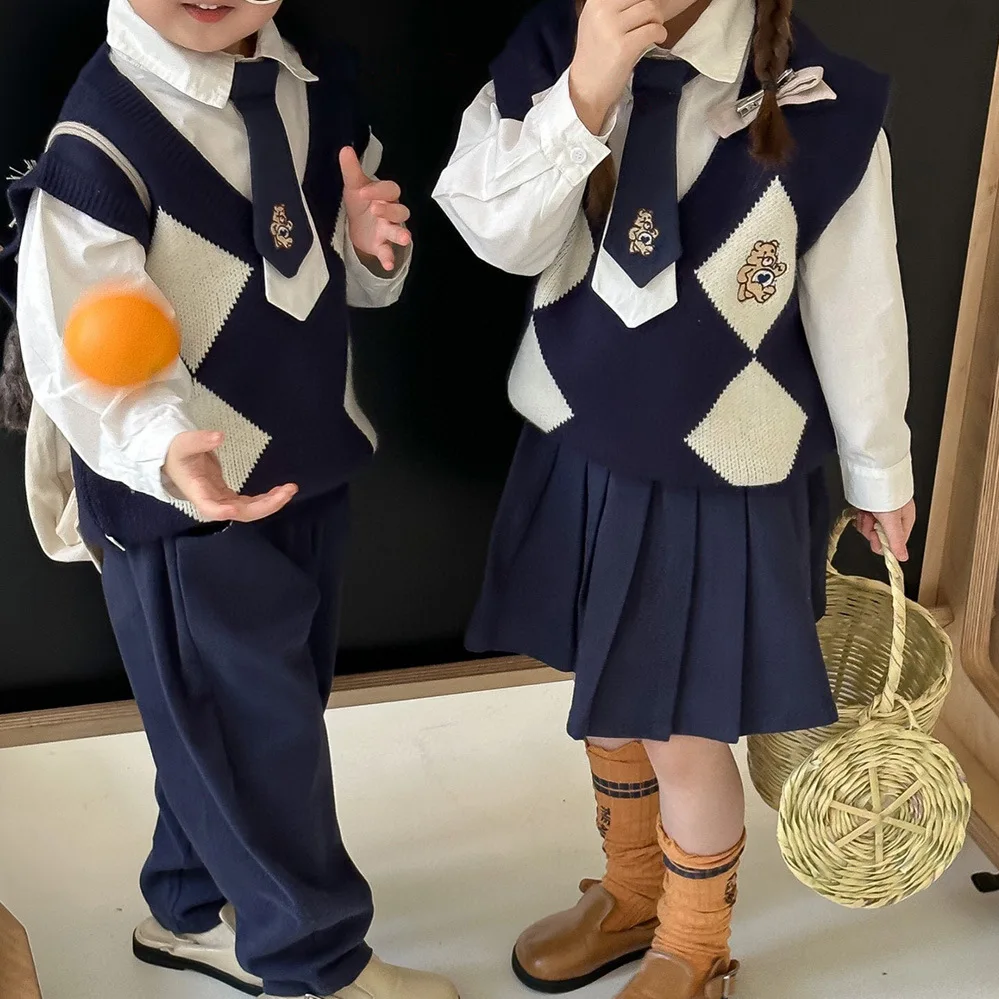 School Look Brother Sister Matching Three-piece Set Girls Knit Vest+blouse+skirts Outfits Korean Boys Sweater Shirts Pants Suit