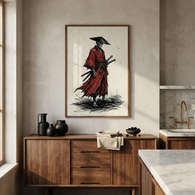 (No frame)Zen Samurai Ink Print Poster Japanese Gothic Skeleton Warrior in Red Kimono Canvas Painting Wall Art for Living Roo