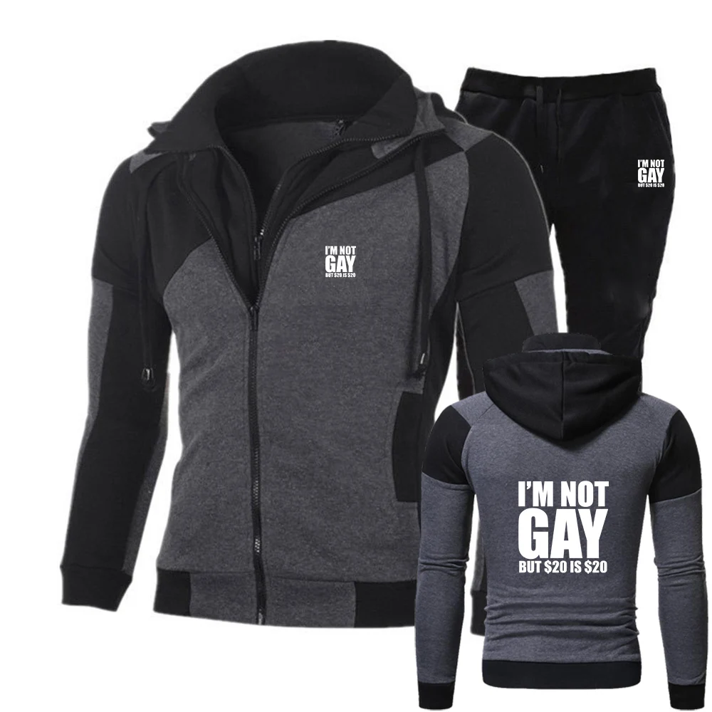 

2025 Spring And Autumn Men I'm Not Gay But 20 Is 20 Print Fashion Splicing Zipper Cardigan + Casual Sweatpants Suit