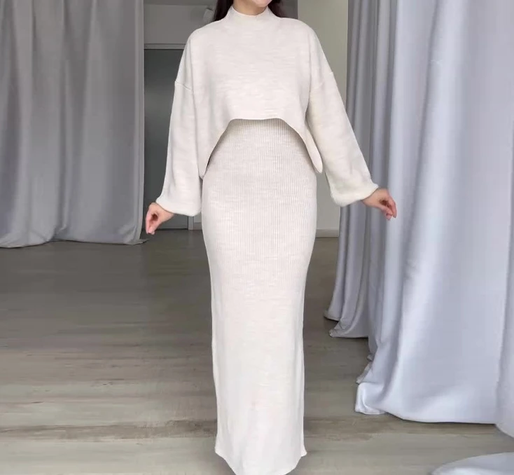 Solid color irregular slim knit long skirt two-piece set for women's fashion and leisure, new women's clothing for winter 2025