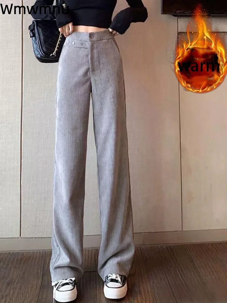 

Женские повседневные прямые брюки, утепленные бархатные теплые корейские модные мешковатые брюки, свободные вельветовые брюки на пуговицах