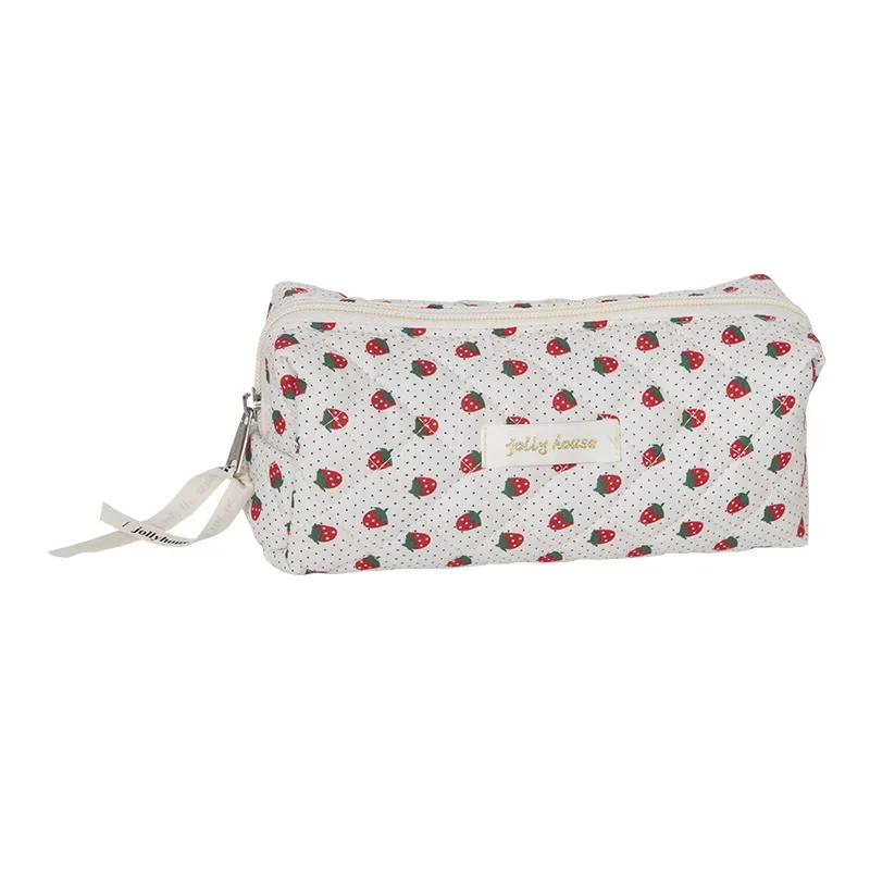 Chic Floral Pencil Case Student Girl Aesthetic Vintage Flower Strawberry Cat Pencil Bag High Capacity Stationery Storage Bag