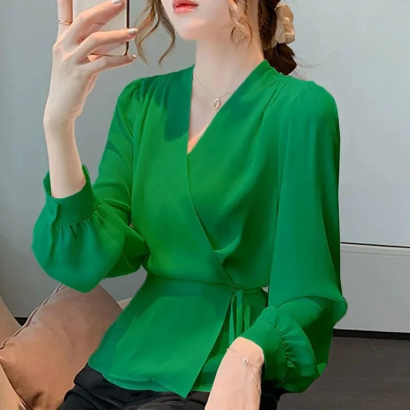 Mùa Xuân Thu Đông Thời Trang Thanh Lịch Tính Khí Phối Ren Công Sở Áo Sơ Mi Tay Dài Mỏng Tay Áo Kiểu Áo Nữ Blusas