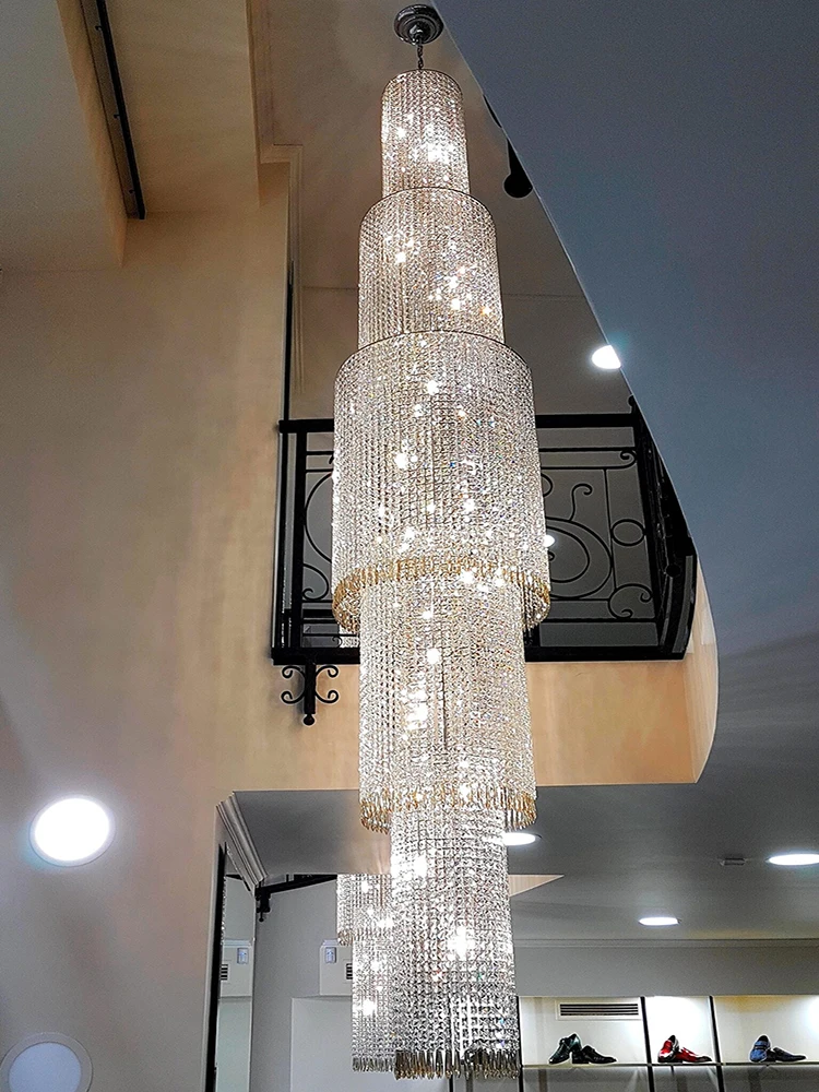 Large Crystal Chandelier Luxury Long Ceiling Pendant Light For Spiral Staircase Living Room Loft Villa Foyer Entryway