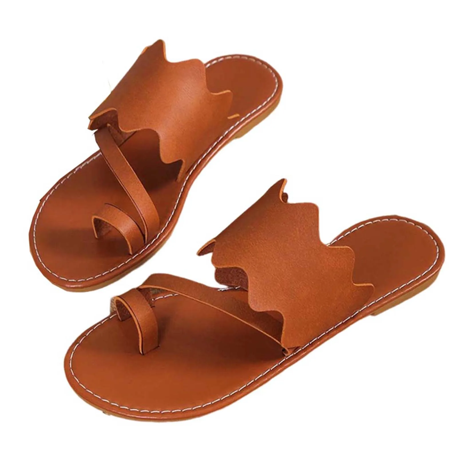 Round Head Flat Slippers With Wave-Strap Non-Slip Comfortable Beach Shoes For Beach Party
