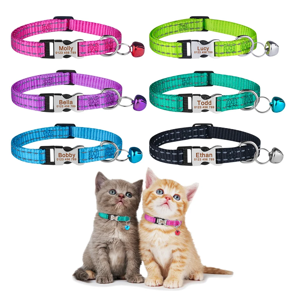 Reflective Engraved Cat Collar Colorful Personal Bell Solid Color Products Small Unisex Kitten Supplies Tag Small Cat Collar