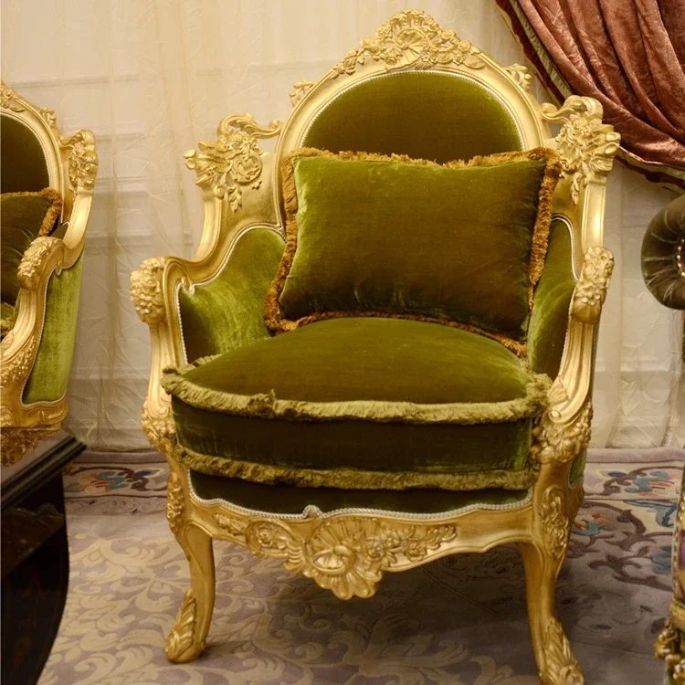 New Designed French Style Baroque Antique Solid Wood Hand Carved Velvet Armchair Living Room Single Sofa BF08-J0005