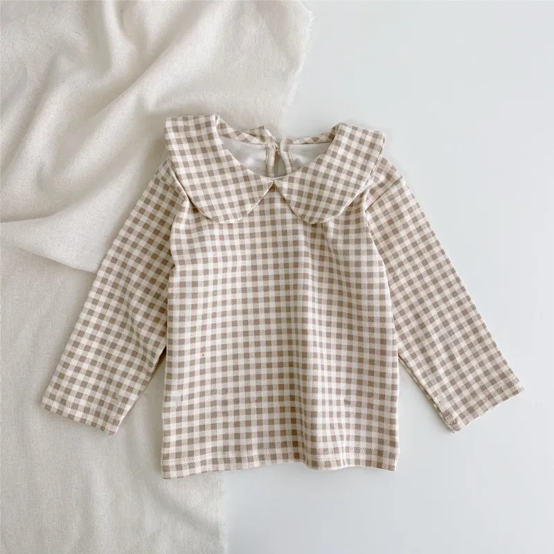 2024 Autumn New Baby Long Sleeve T Shirts Girls Lapel Blouse Kids Plaid Shirts Infant Floral Tops Solid Children Bottoming Shirt