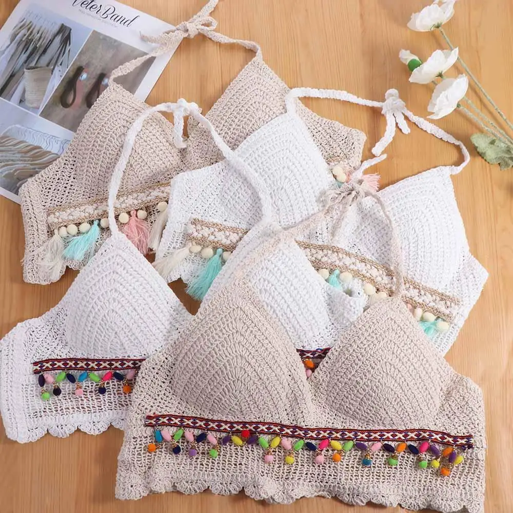 Summer Sleeveless Female Crochet Camisole V Neck Short Bohemian Style Vest Tassel Hot Tops Knitting Crop Tops Girls