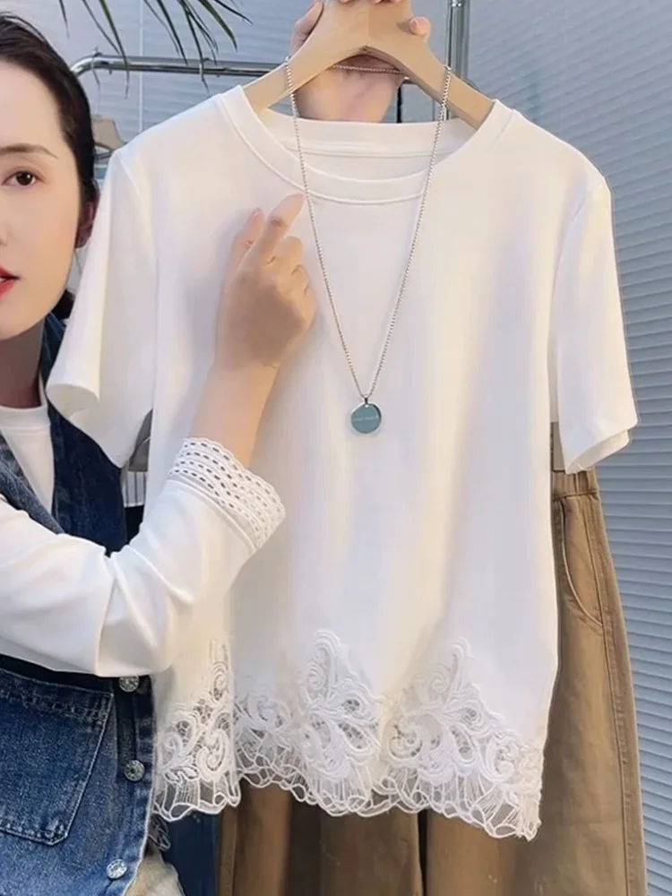 Coreano Sle Casual ort Sve T-shirt da donna vestibilità ampia in pizzo design giuntura top estivo Faionable anti-età