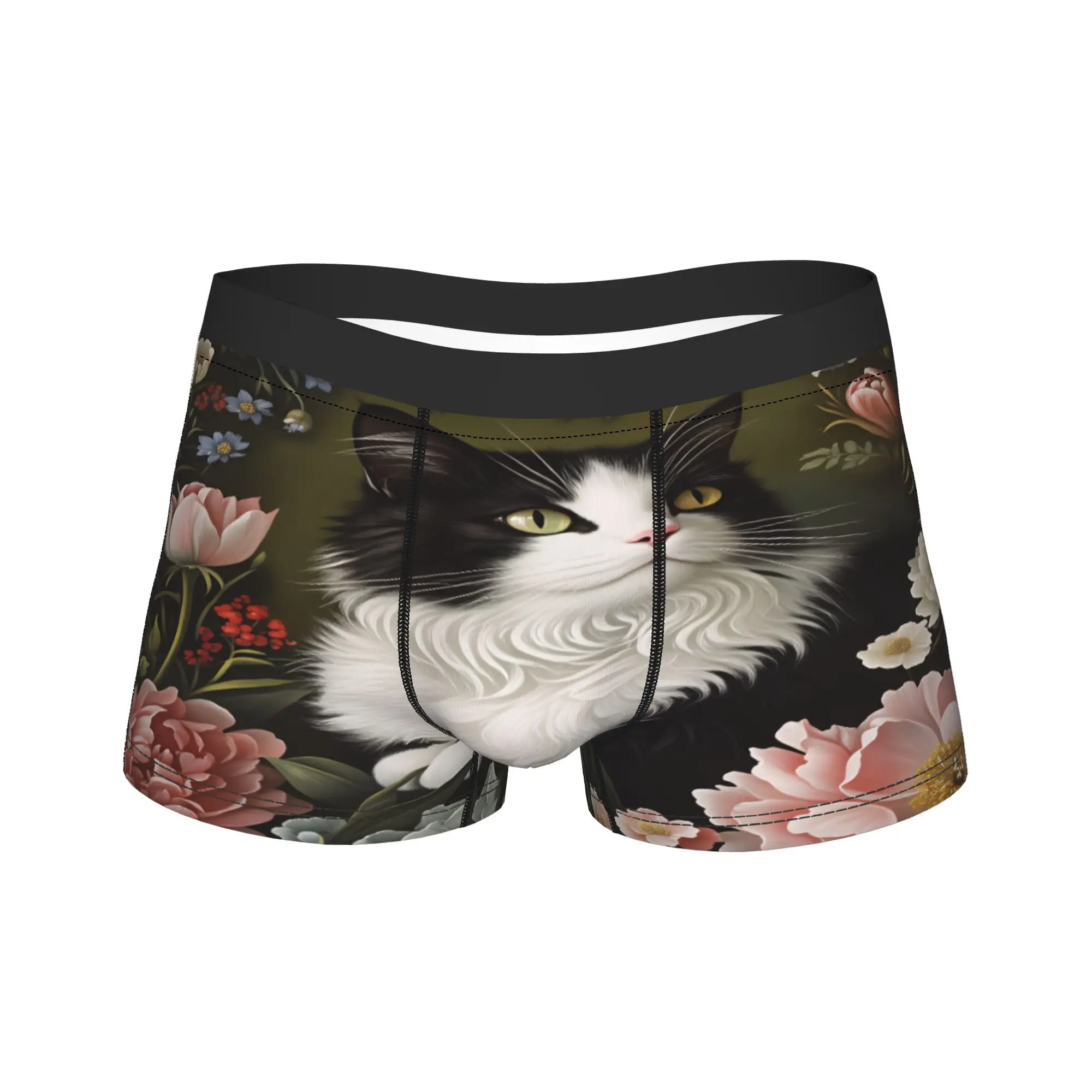 Kawaii Floral Black & White Cat Underwear  Custom Boxer Shorts High Quality Males Panties Breathable Boxer Brief