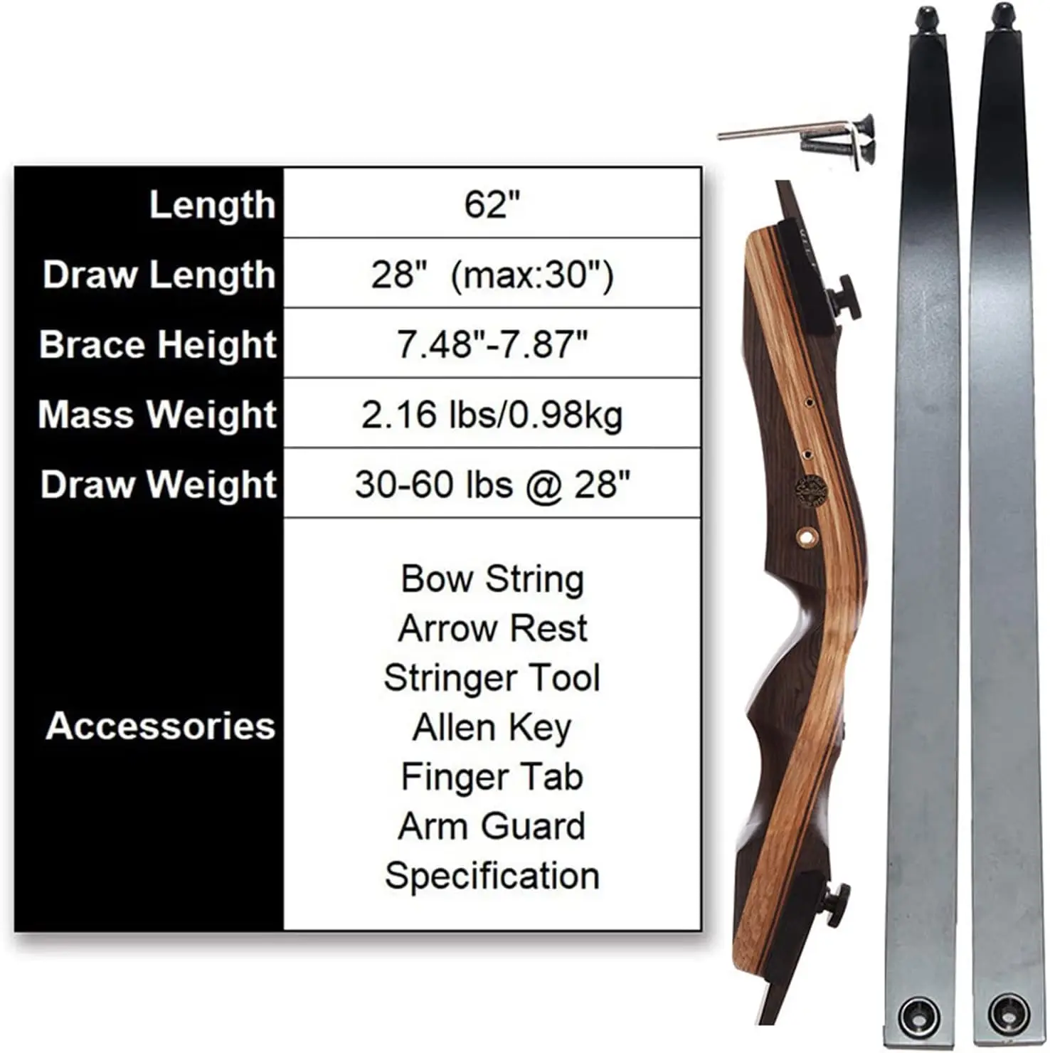 Archery Takedown Recurve Bow Set para Adultos e Adolescentes, Iniciantes Prática de Treinamento e Caça, Longbow, 30-60 lbs, 62"