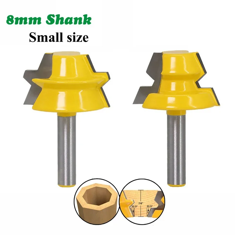 2PC/Set 8MM Shank Milling Cutter Wood Carving 22.5 Degree Lock Miter Tenon Router Bits Set Glue Joinery Milling Cutter For Wood