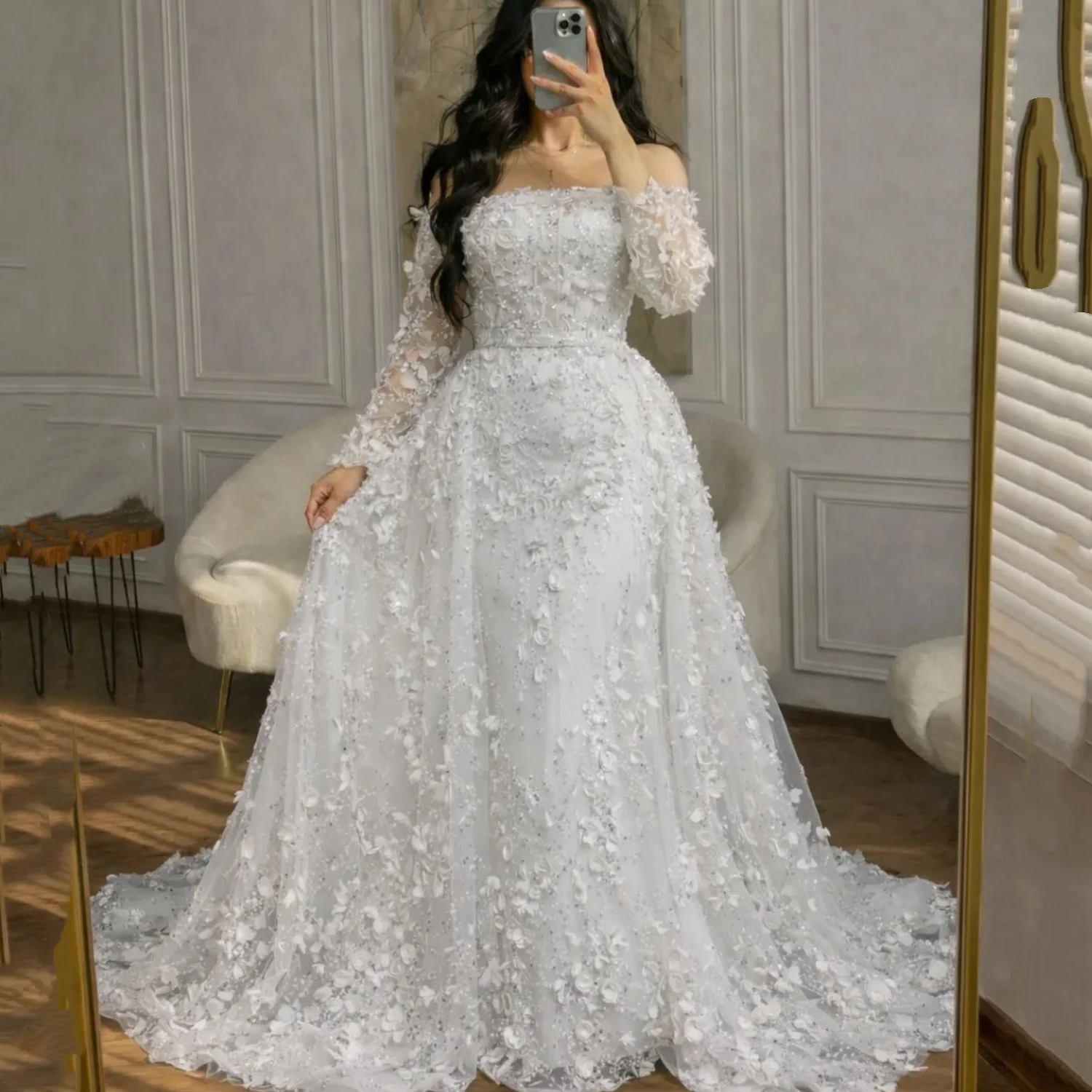 

EDECPBM Elegant European Evening Dress Customized White Tulle A LINE Floor Length With Floral evening dress robes de soiree