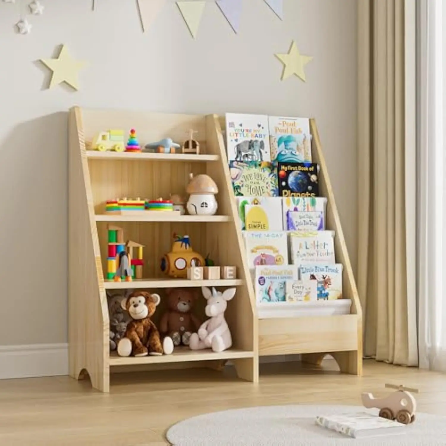 

Kids Bookshelf, Solid Wood Bookshelf Bookcase Storage Organizer for Kids, 4 Tier Bookshelf 5 Layer Sling Bookcase Toddler B
