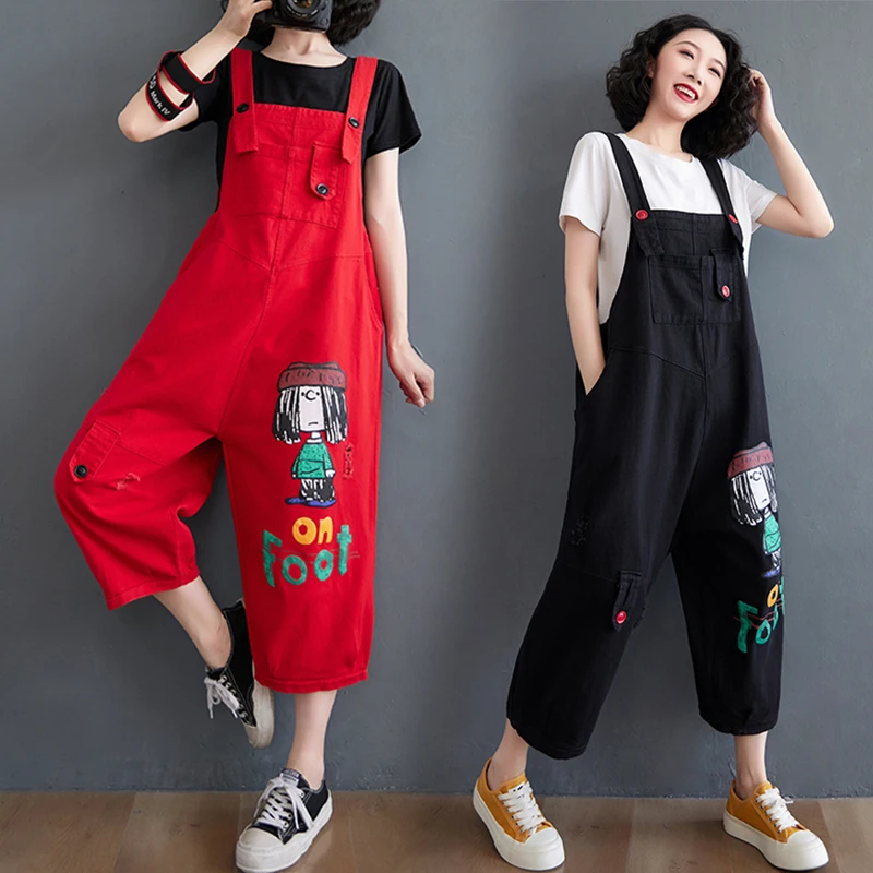 

plus Size Faded Denim Jeans Women's Large Size Cartoon Print Overalls with Big kets Seven Parts Summer Casual Faion