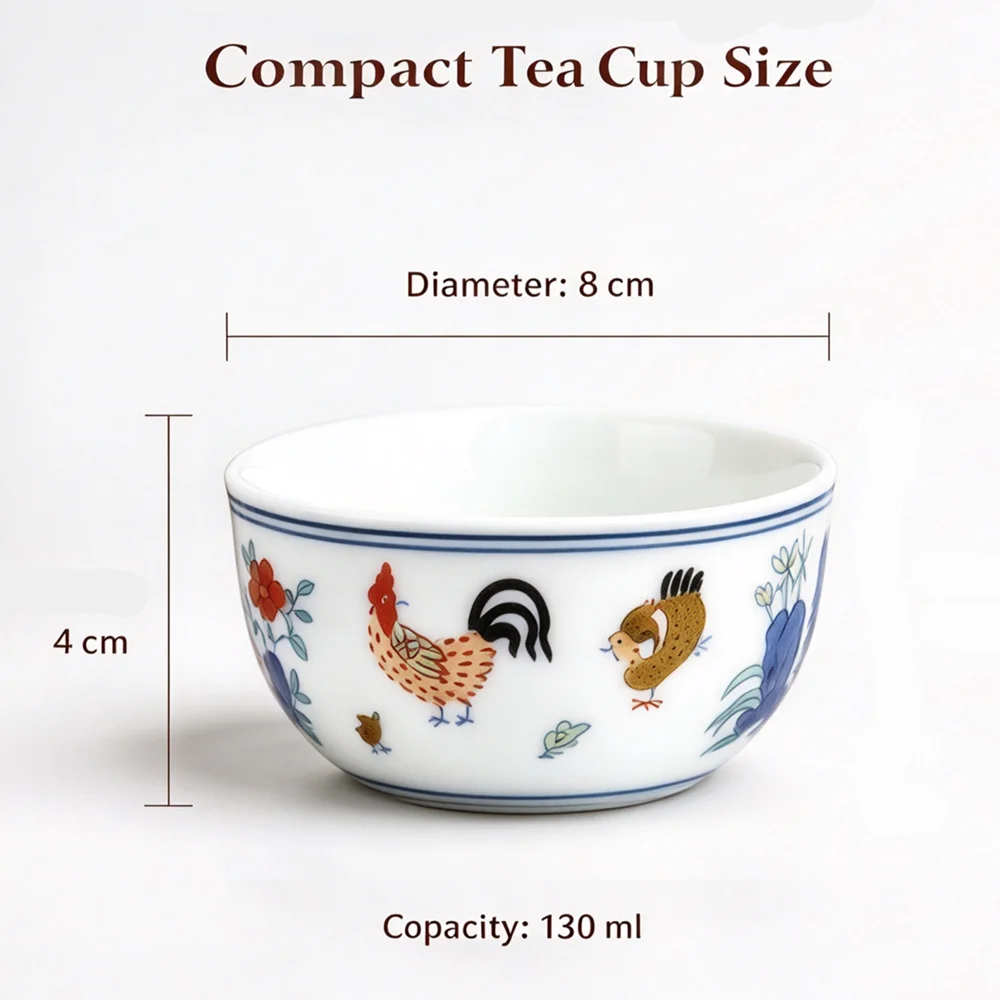 Hand Painted Rooster Pattern Porcelain Tea Cup, White Ceramic Ornament, Traditional Style Tea Bowl for Home Tea Ceremony Decor
