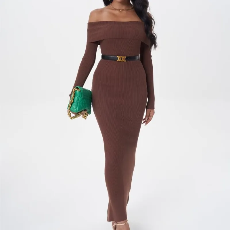 2023 Sexy Revers Off Shoulder Gebreide Lange Zeemeermin Jurk Vrouwen Volledige Mouw Stretch Basis Bodycon Pakket Heupen Fishtail Gewaad