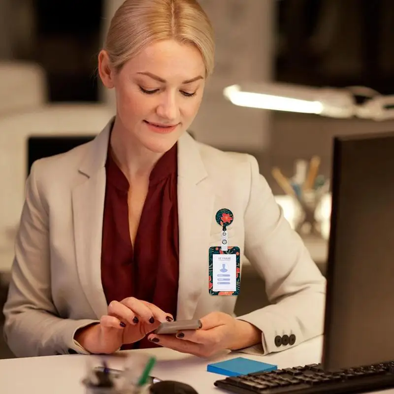 Card Badge Holder Flower Design Card Case Protector With Retractable Reel Belt Clip Multipurpose Badge Protector With Lanyard