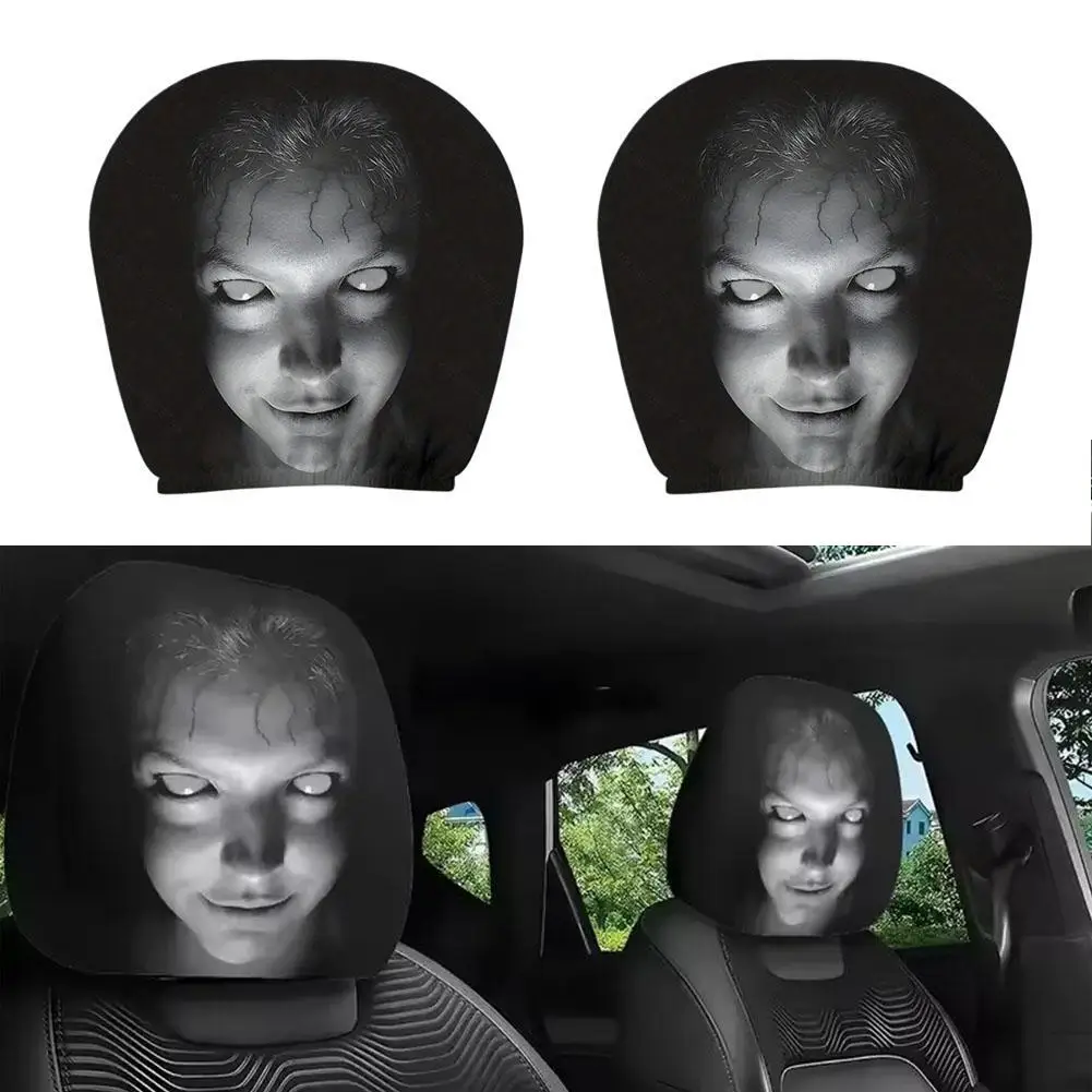 

2PCS Car Printed Headrest White Face Black Skull Universal Car Seat Headrest Cover For Car Truck SUV Auto Interior Accessories