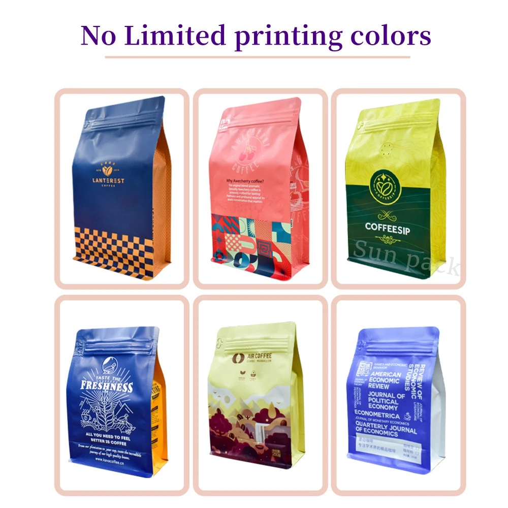 Custom Digital Printed Resealable Aluminum Foil Lined 250g 500g Zip Lock Flat Bottom Coffee Bean Packaging Bag with Valve