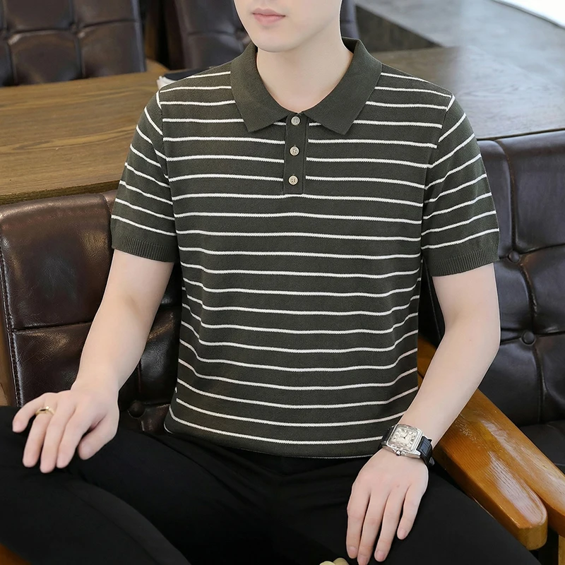 Striped Knitwear Coolness Men's Polo Shirts Short Sleeve Elastic Summer Quality Soft Comfortable Casual Trendy Camisas Masculina