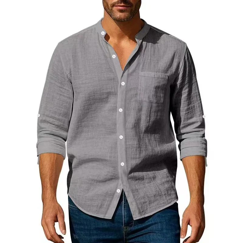 Men's Cotton Henley Neck Shirt, Solid Color, Lightweight, Breathable, Slim Fit, Single Breasted Long Sleeve Button Up Shirt
