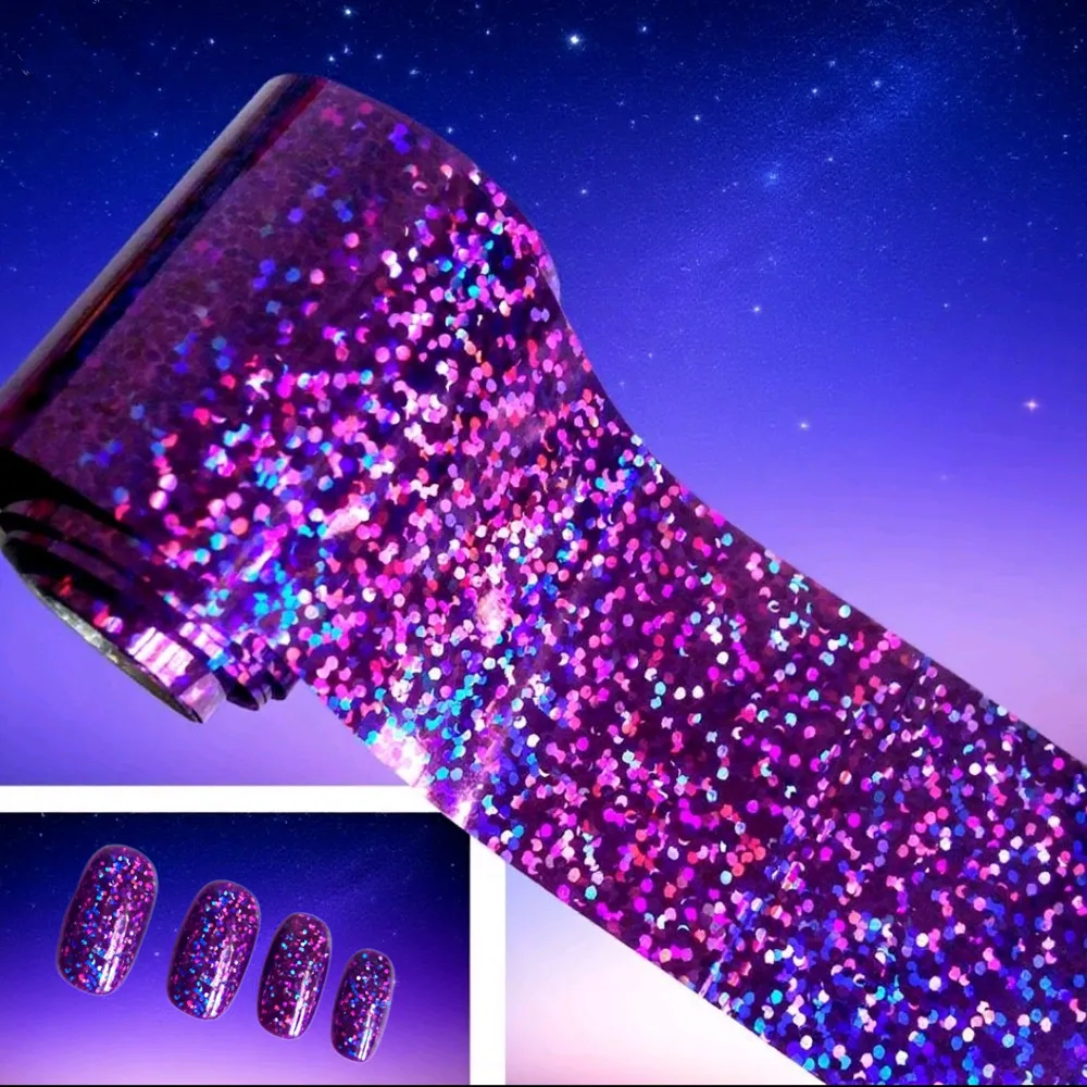 120M/롤 홀로그램 네일 전송 포일, 반짝이는 레이저 퍼플 효과 크리에이티브 DIY 매니큐어 디자인 데칼 및 아트