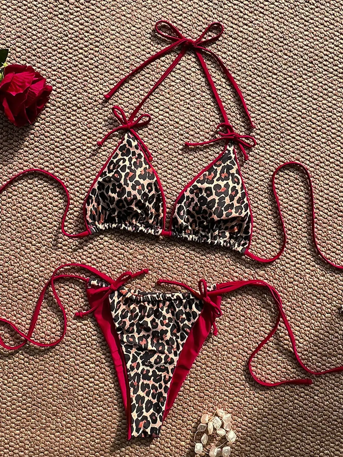

Leopard Print Halter Triangle Bikini Set With Bowknot Straps For Women