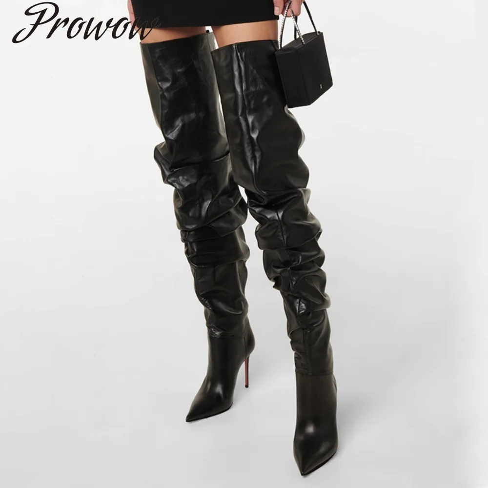 

Новый стиль, плиссированные высокие сапоги выше колена на тонком каблуке, большие размеры, женская обувь Zapatos Mujer