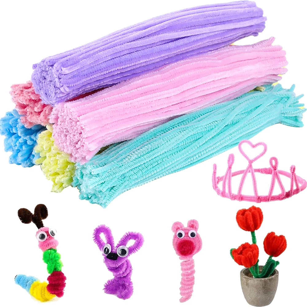 

100pcs 6mmx30cm Plush Stick Twisting Bar Wire for DIY Kids Art Crafts Projects Head Band Jewelry Making Decor Material
