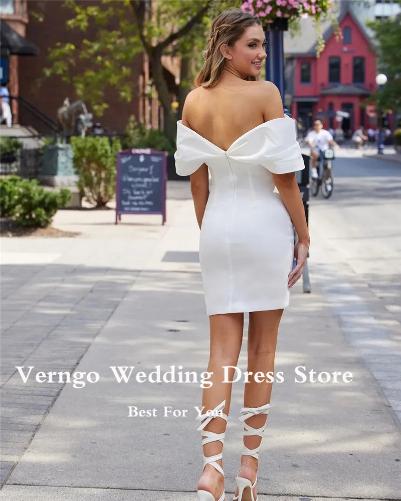 Verngo Short Satin Wedding Party Dresses Off the Shoulder Sleeves Mini Simple Bride Gowns Robe de cocktail Women Prom Dress